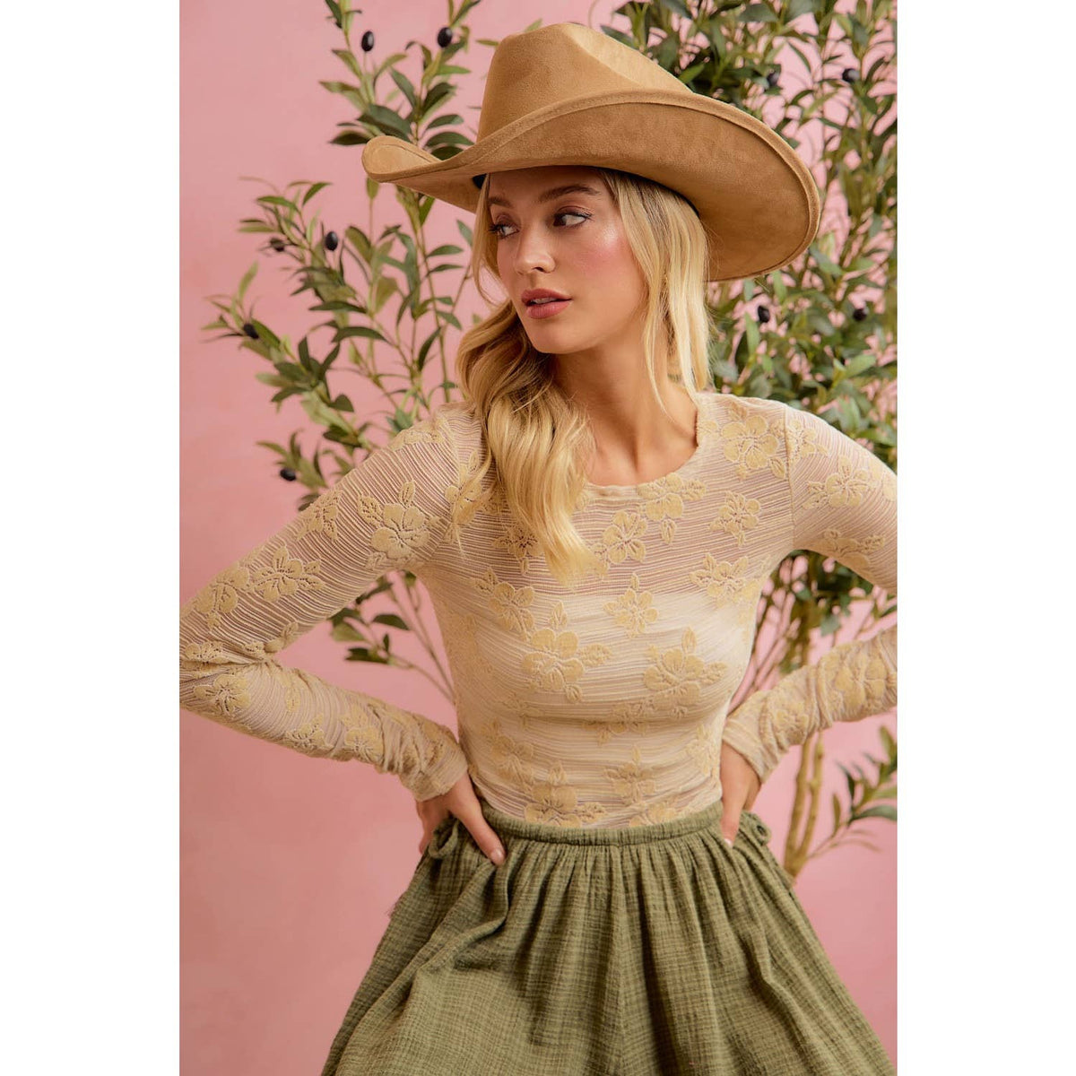 FLORAL EMBROIDERED STRETCH LACE LONG SLEEVE TOP