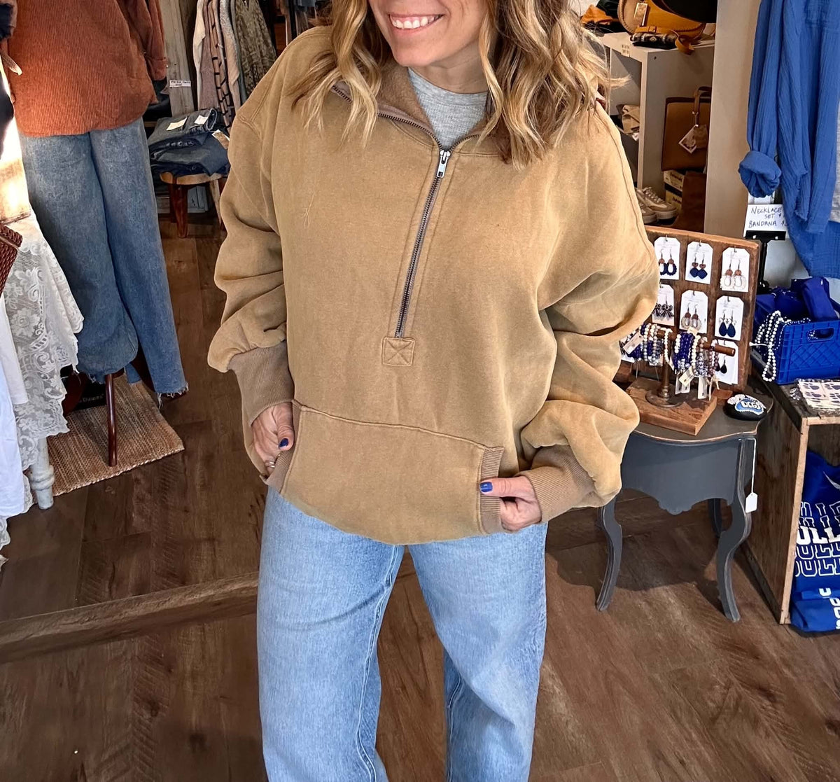 STITCH DETAILED ELASTIC HEM HALF ZIP FLEECE HOODIE