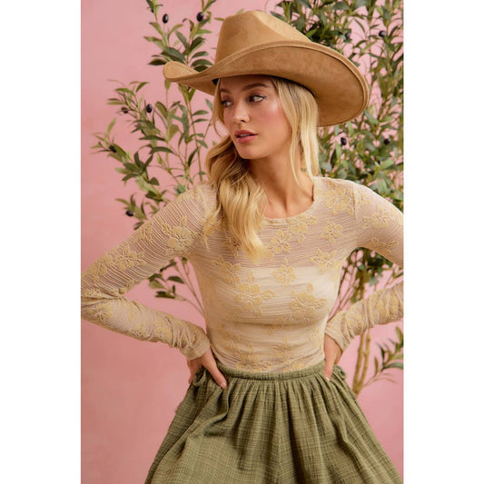 FLORAL EMBROIDERED STRETCH LACE LONG SLEEVE TOP