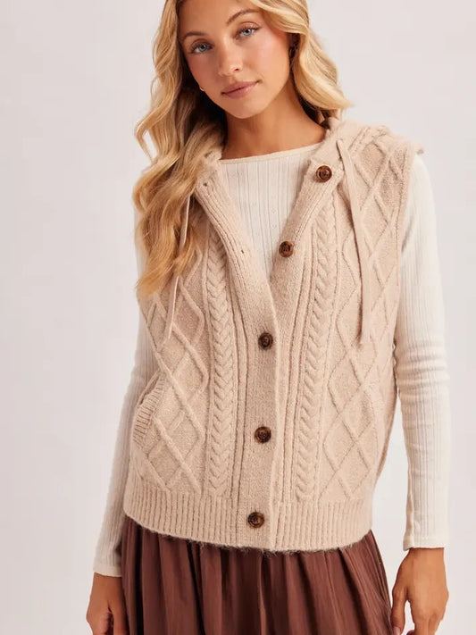 BUTTON DOWN HOODED CABLE-KNIT SWEATER VEST — Beige