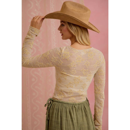 FLORAL EMBROIDERED STRETCH LACE LONG SLEEVE TOP
